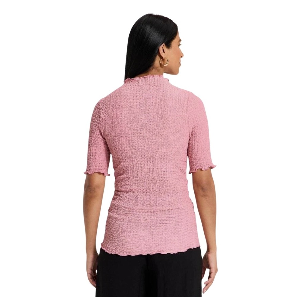 Womens Short Sleeve Mock Neck Textured Popcorn Top Pink Small Lettuce Edge - Picture 3 of 4